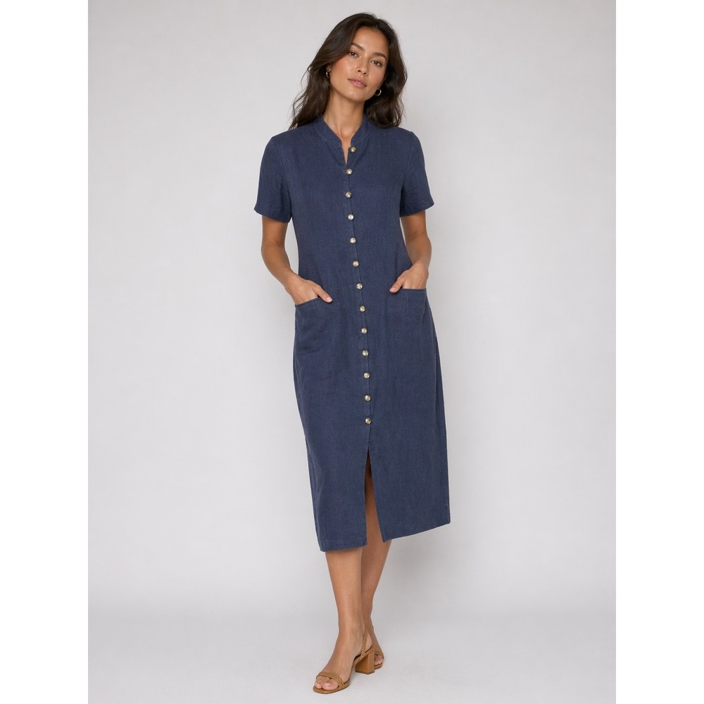 Vintage NY Sake Dress Womens 10 Blue Linen Button Front Midi 80s Coastal Grandma